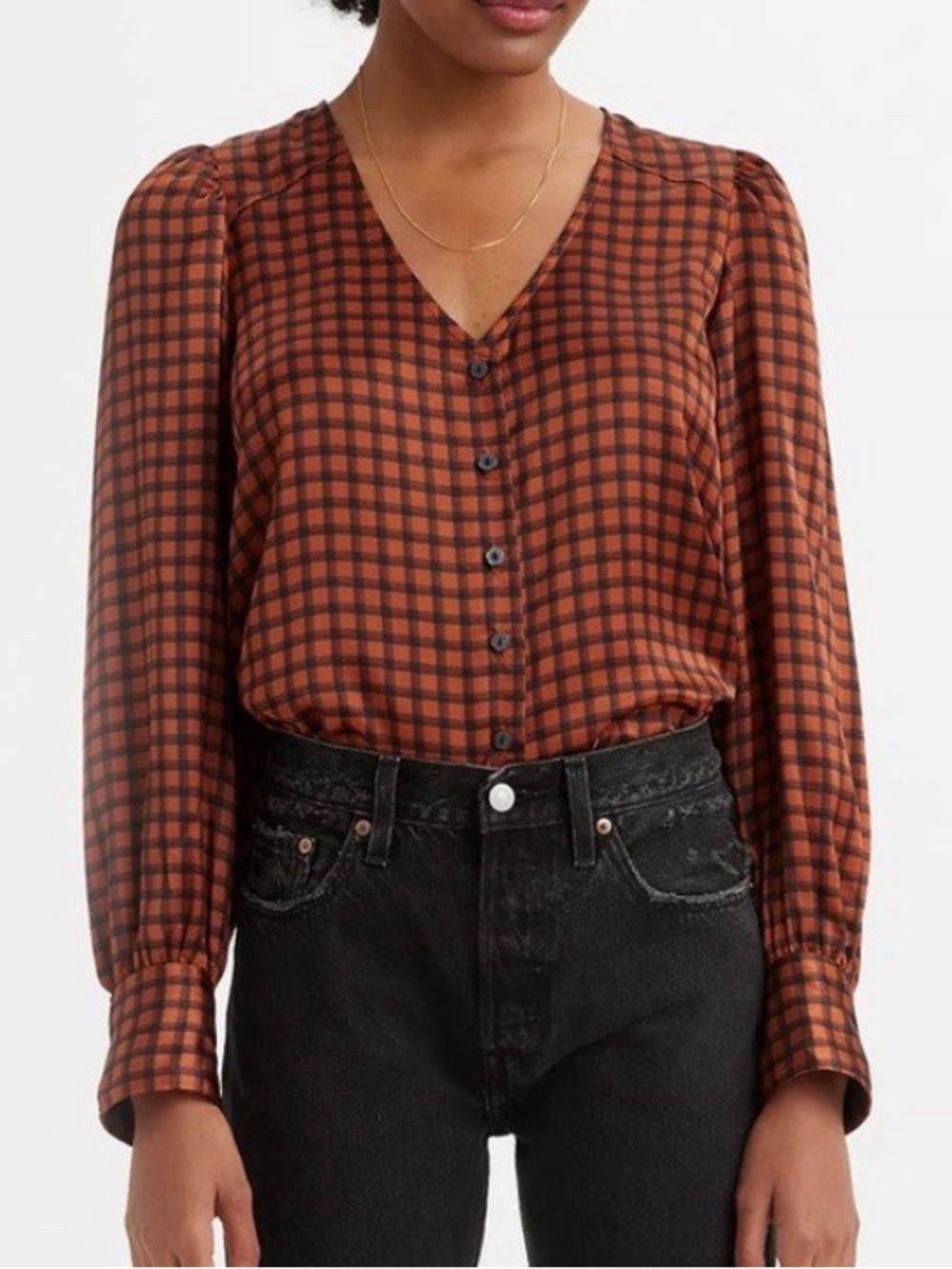 Levi's Satin “Kit” Blouse in a Rust + Black Plaid